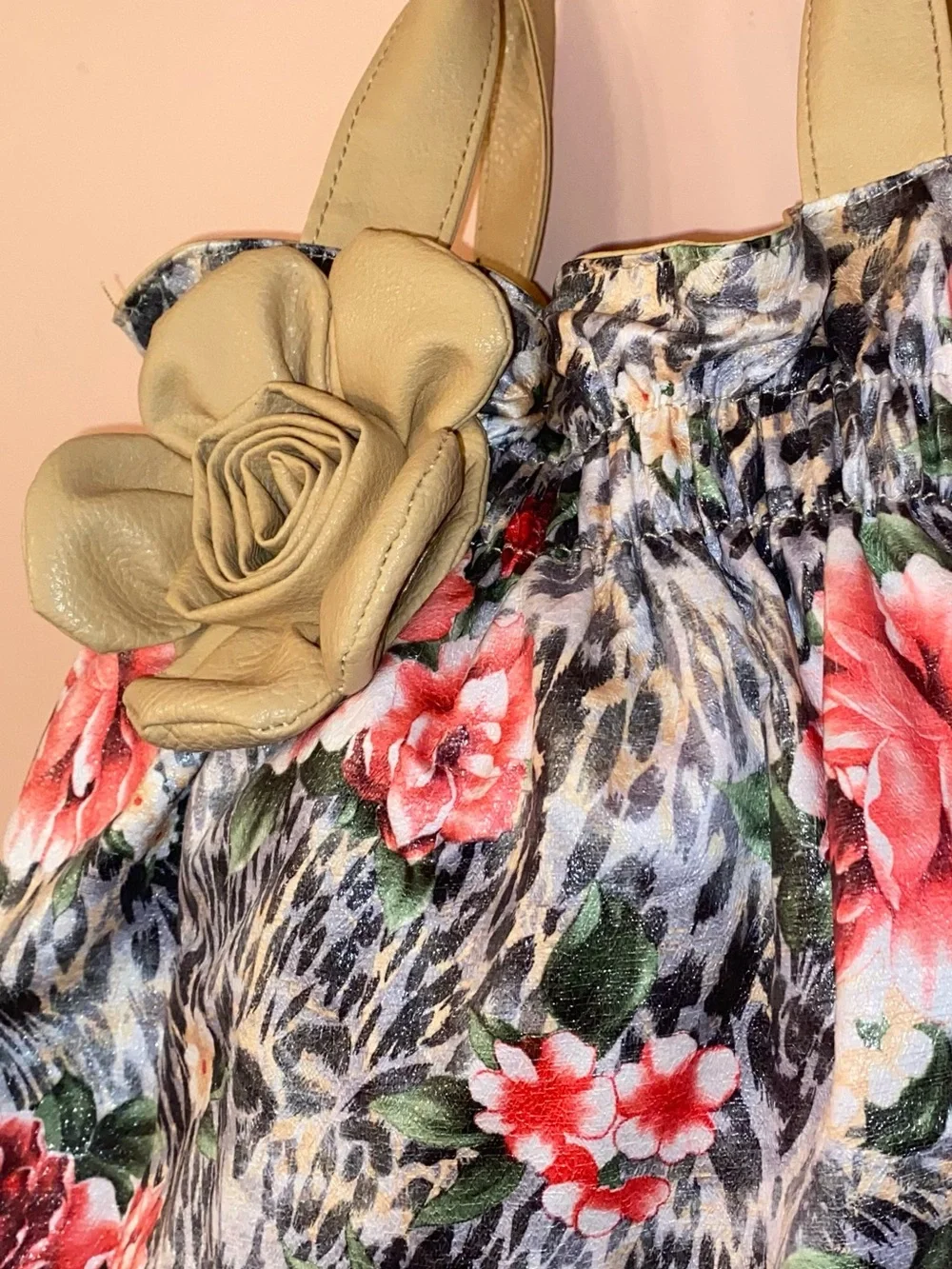 BUENO OF CA Floral Hobo Bucket Y2K Era Shoulder Bag Tan, Black & Pink/Red